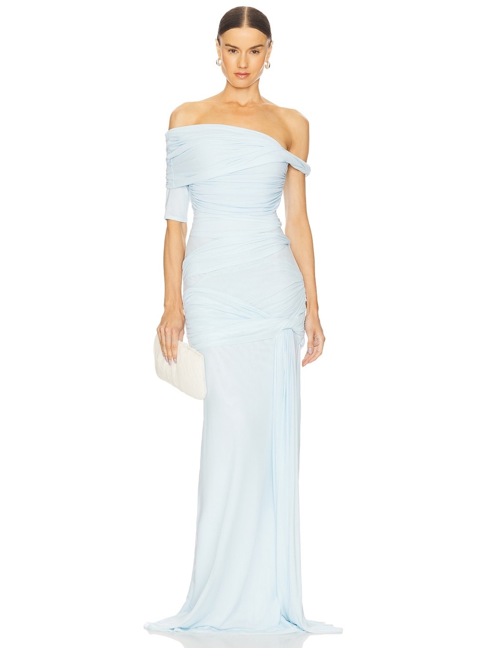 One-Shoulder Light Blue Ruched Evening Gown